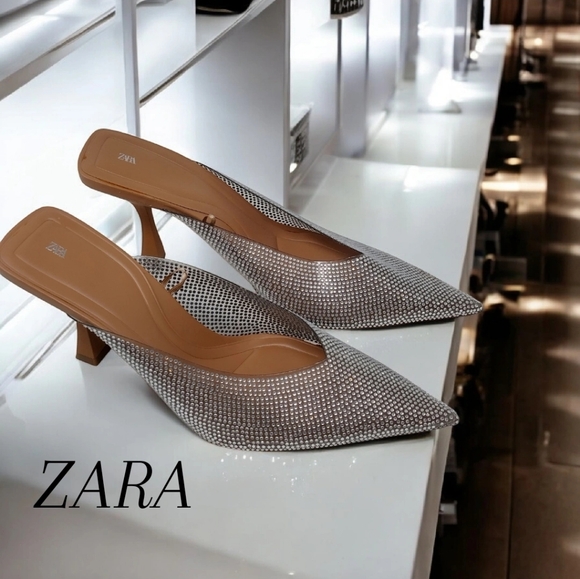 Zara Shoes - Zara Silver Rhinestone Pointed Toe Kitten Heel Mules